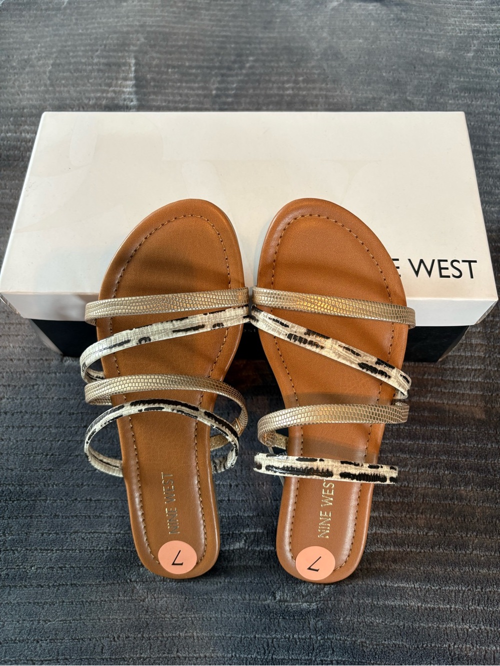 Nine West Tan Sandals with Gold and Black-White Animal Print Patterned Straps